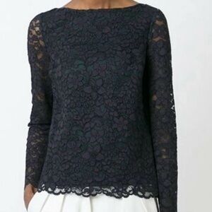 Tory Burch Black Lace Blouse Size 4 Long Sleeve Scalloped Hem Gold Button Cuffs